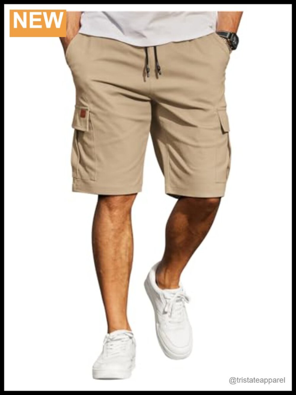 Men's Cotton Twill Cargo Shorts 10" Elastic Waist with 6 Pockets